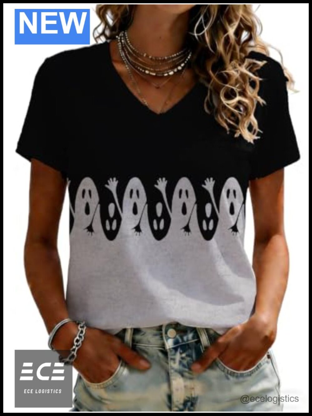 Halloween Ghost Graphic V Neck Tee Short Sleeve Casual Fall Top